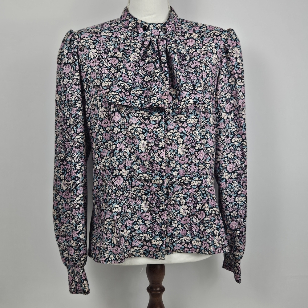 Vintage Worthington floral button front blouse w/ shoulder pads & ruffle size 12